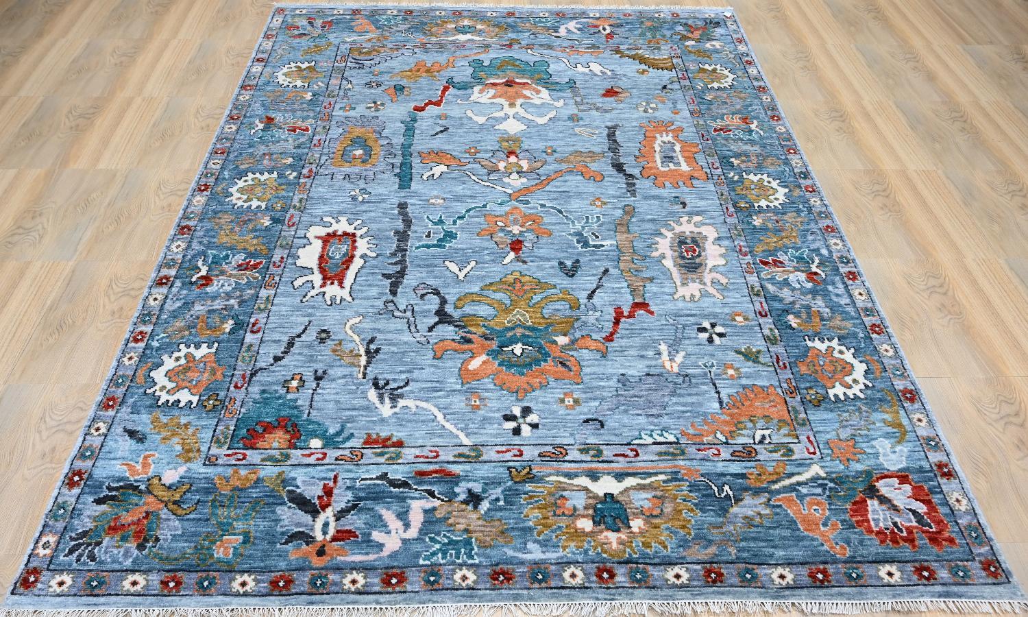 Nice new rug with beautiful Oushak design and nice colors, entirely hand knotted with wool velvet on cotton foundation.