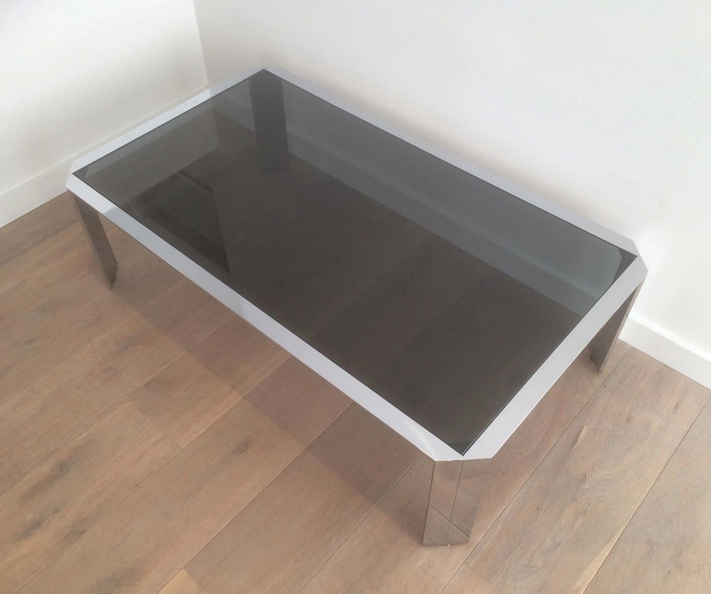 Nice Octagonal Chromed Coffee Table with Black Glass Top, Very Good Quality For Sale 4