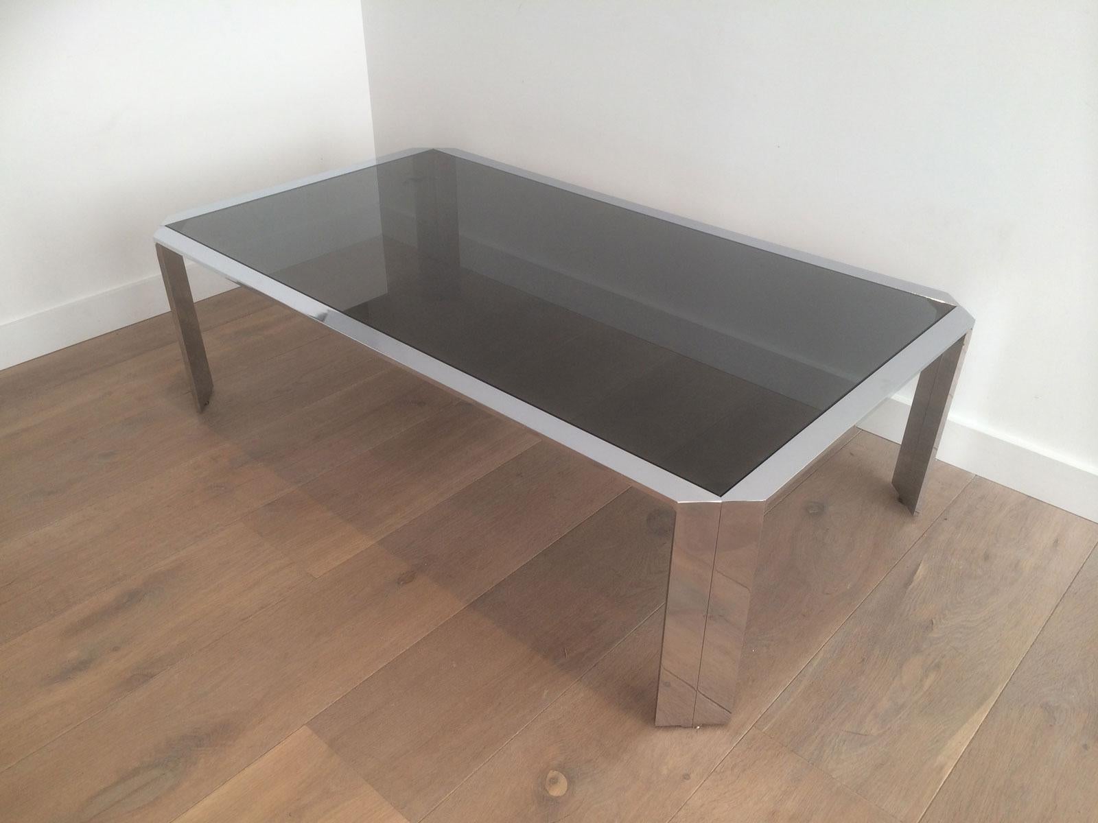 Nice Octagonal Chromed Coffee Table with Black Glass Top, Very Good Quality For Sale 10