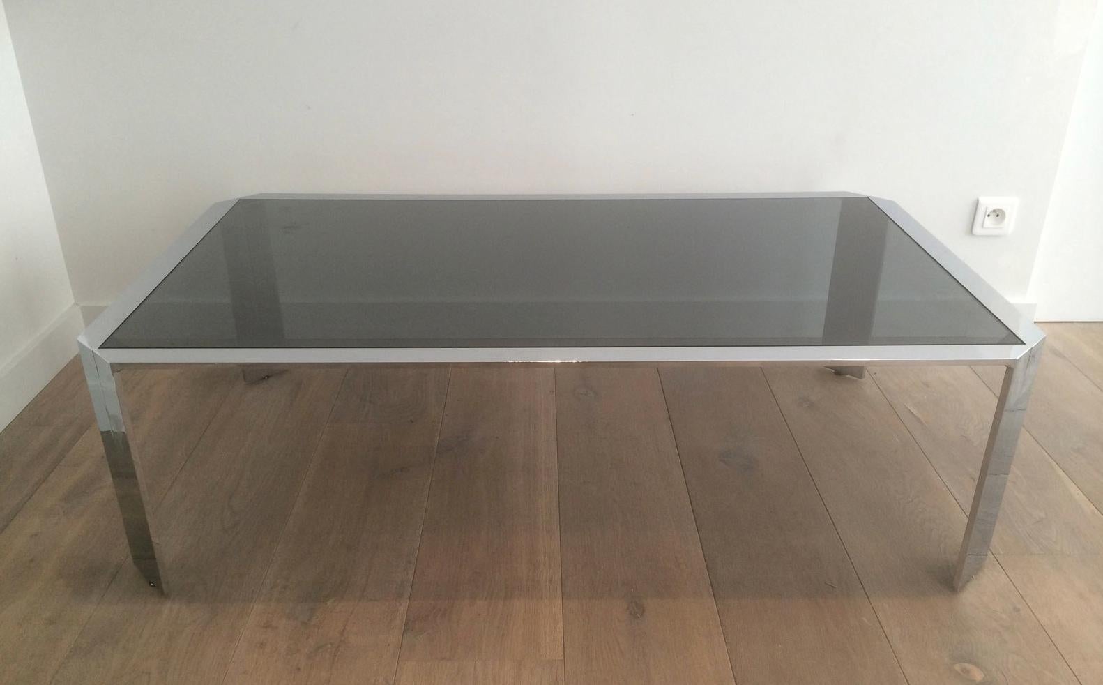 Mid-Century Modern Nice Octagonal Chromed Coffee Table with Black Glass Top, Very Good Quality For Sale