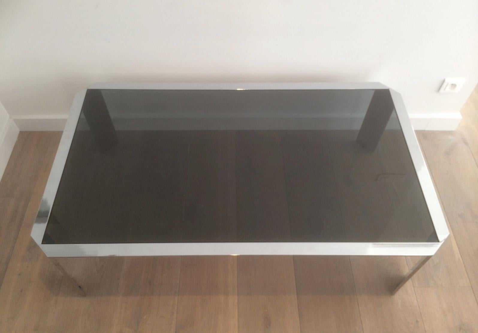 French Nice Octagonal Chromed Coffee Table with Black Glass Top, Very Good Quality For Sale