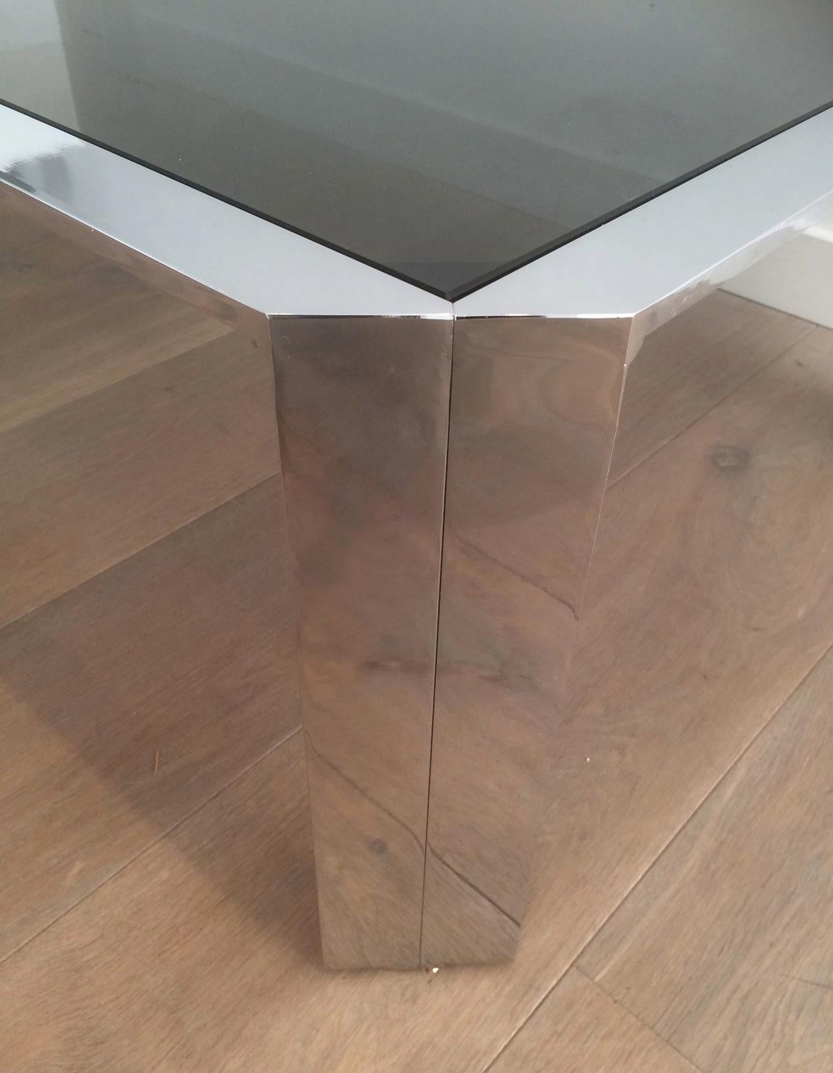 Late 20th Century Nice Octagonal Chromed Coffee Table with Black Glass Top, Very Good Quality For Sale