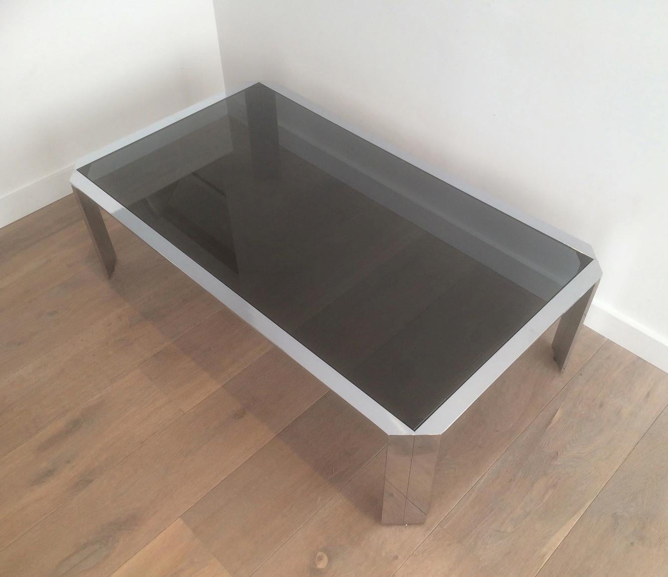 Nice Octagonal Chromed Coffee Table with Black Glass Top, Very Good Quality For Sale 3