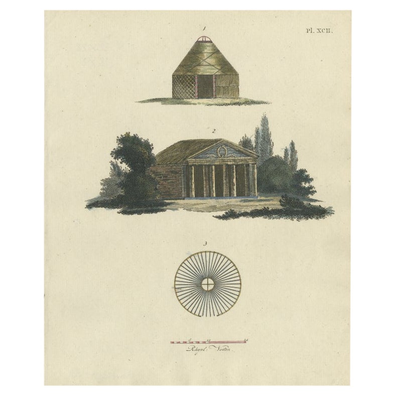 Belle impression ancienne de l'architecture de jardin en couleur par Van Laar, 1802