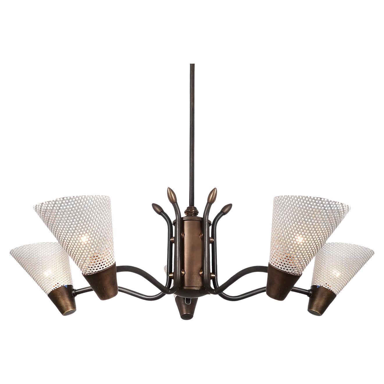 Nice Original Mid-Century Modern 5 Light Perforated Shade Chandelier For Sale