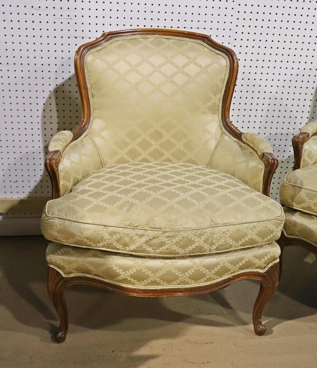 Mid-20th Century Nice Pair French Carved Louis XV Bergere Lounge Chairs, Circa 1950