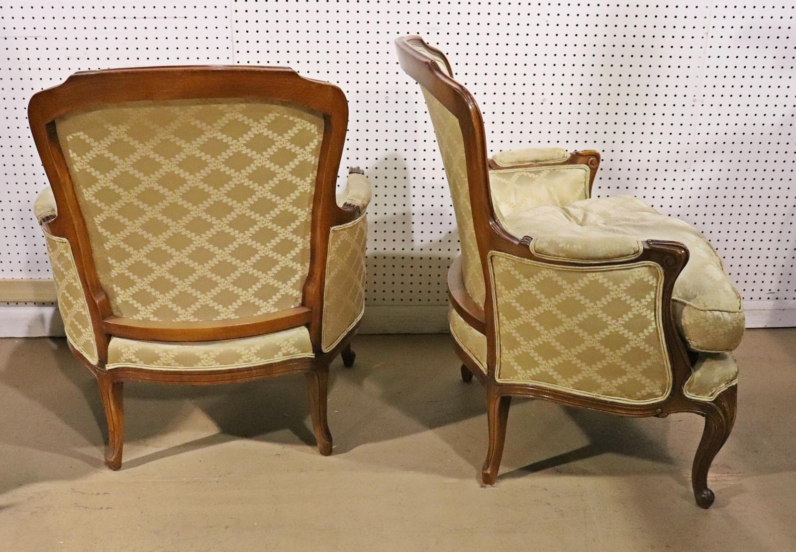Nice Pair French Carved Louis XV Bergere Lounge Chairs, Circa 1950 1
