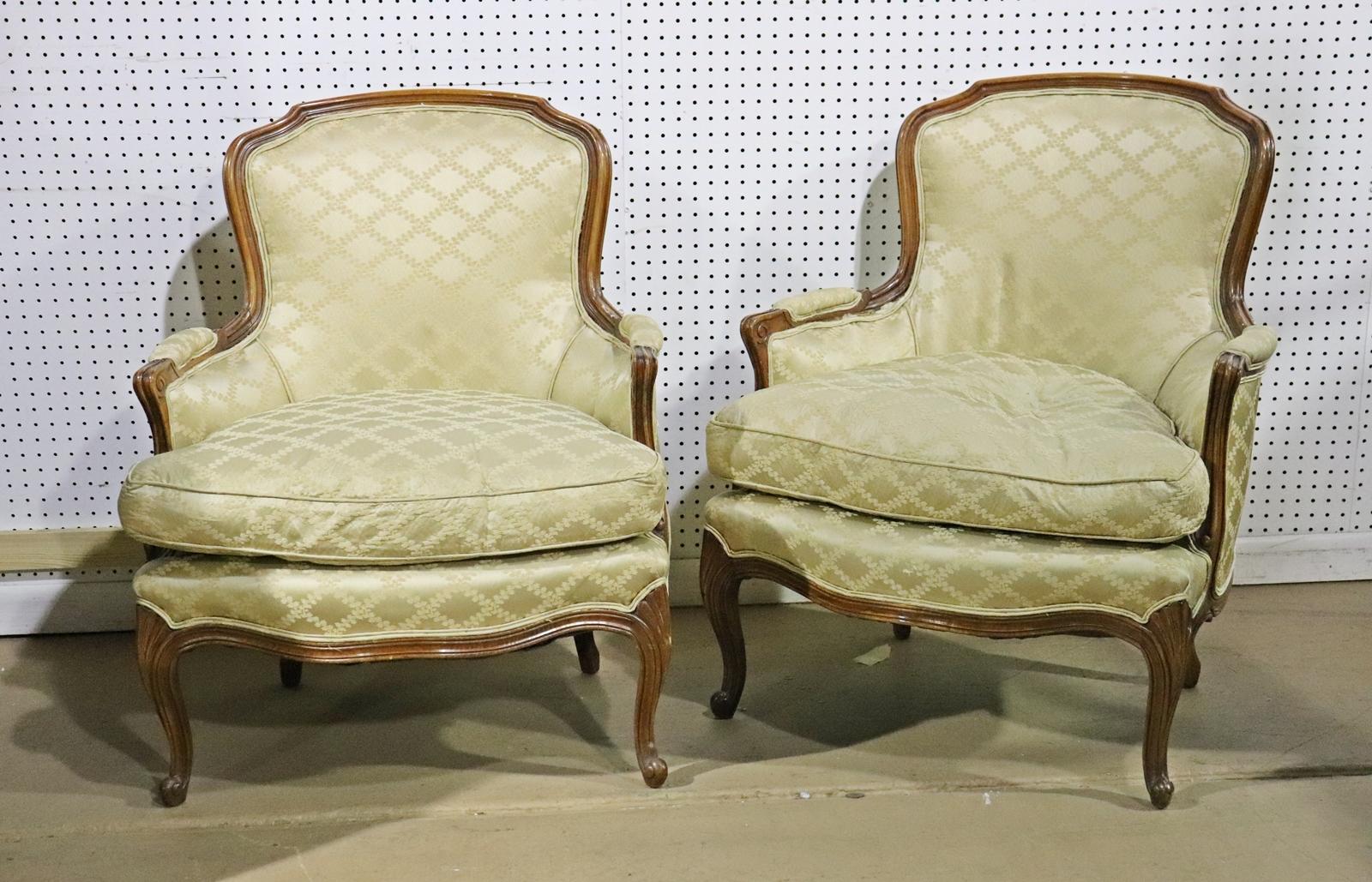 Nice Pair French Carved Louis XV Bergere Lounge Chairs, Circa 1950 4