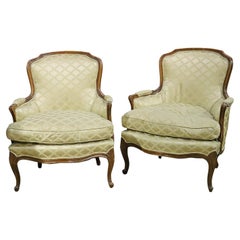 Nice Pair French Carved Louis XV Bergere Lounge Chairs, Circa 1950