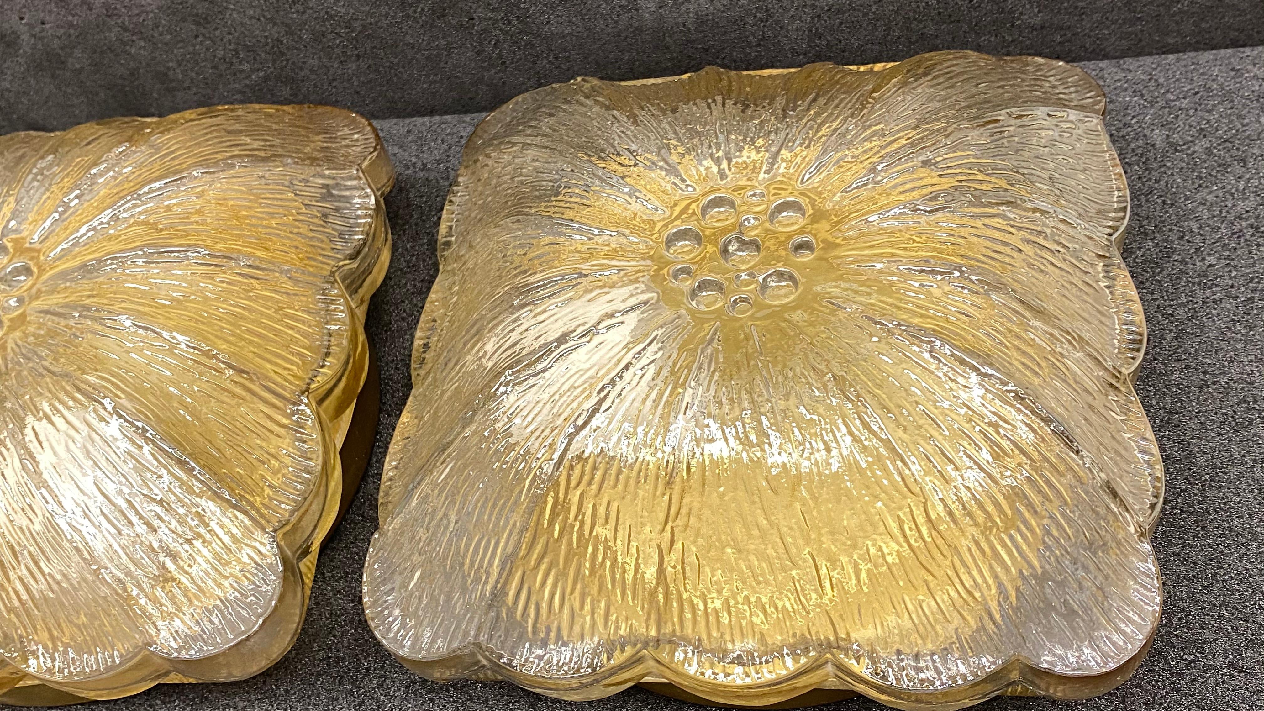 Nice Pair of Amber Glass Square Flower Shape Flush Mount, Germany, 1960s For Sale 3