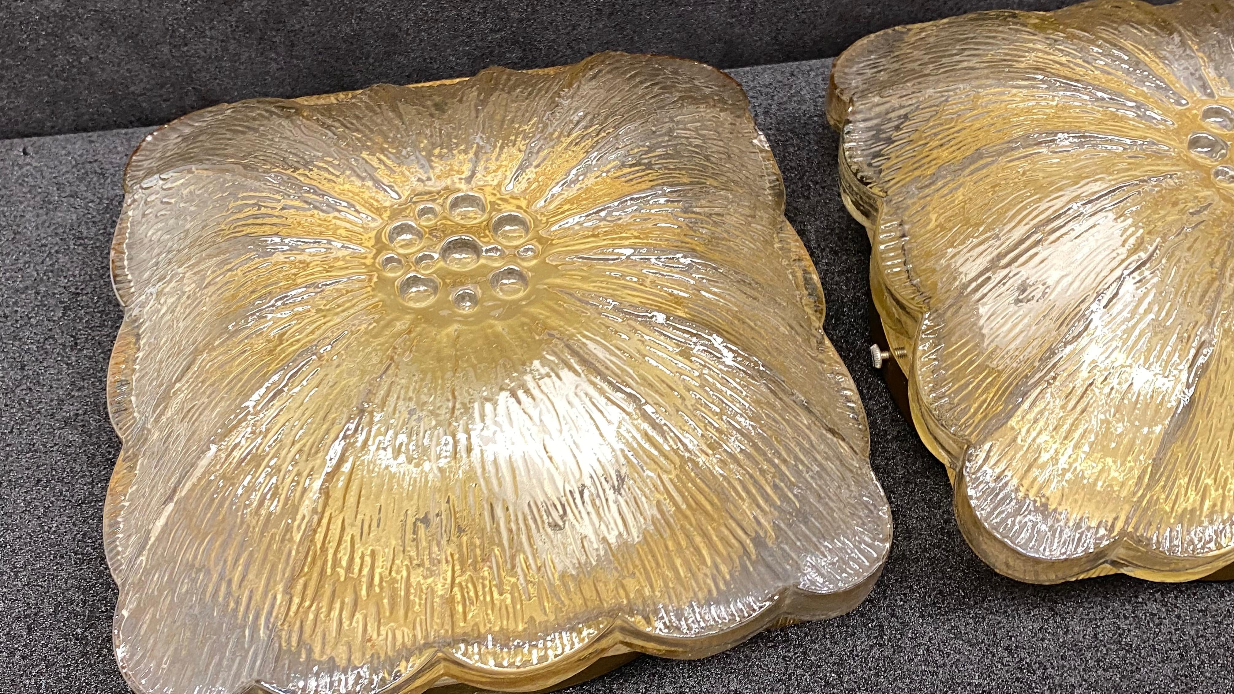 Nice Pair of Amber Glass Square Flower Shape Flush Mount, Germany, 1960s For Sale 4