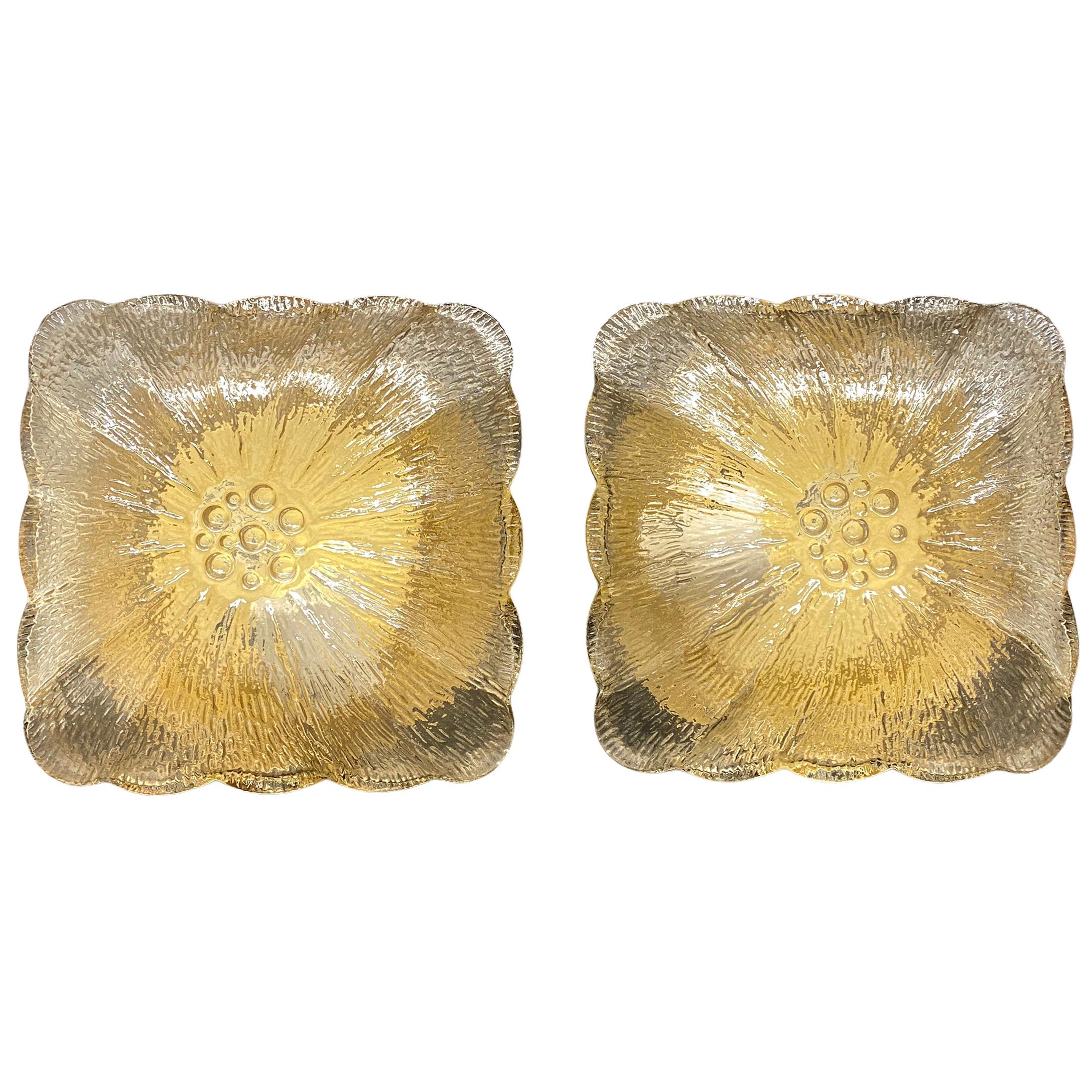 Nice Pair of Amber Glass Square Flower Shape Flush Mount, Germany, 1960s