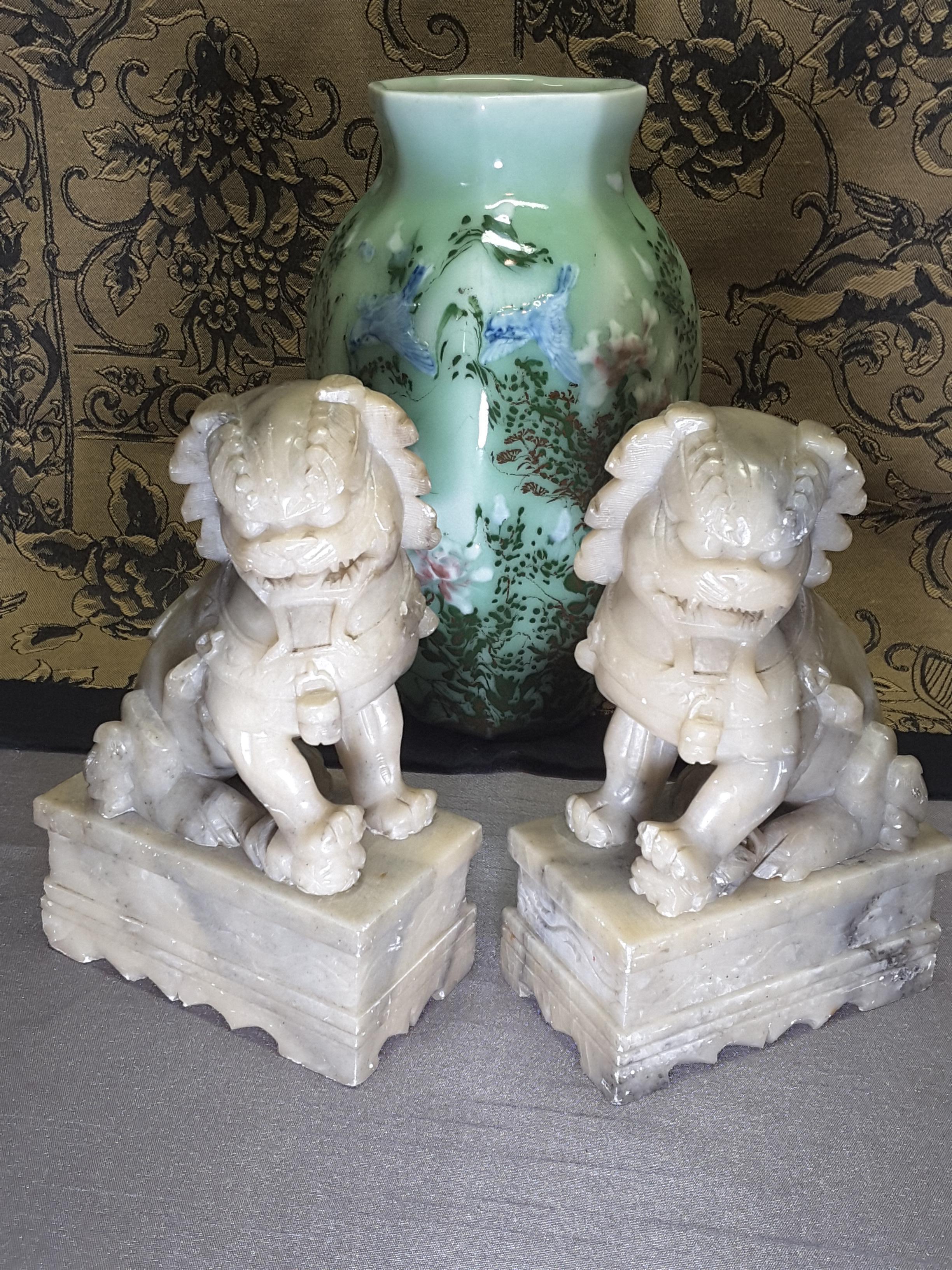 Nice Pair of Chinese Foo Dogs, Carved Soapstone, Early 20th Century 5