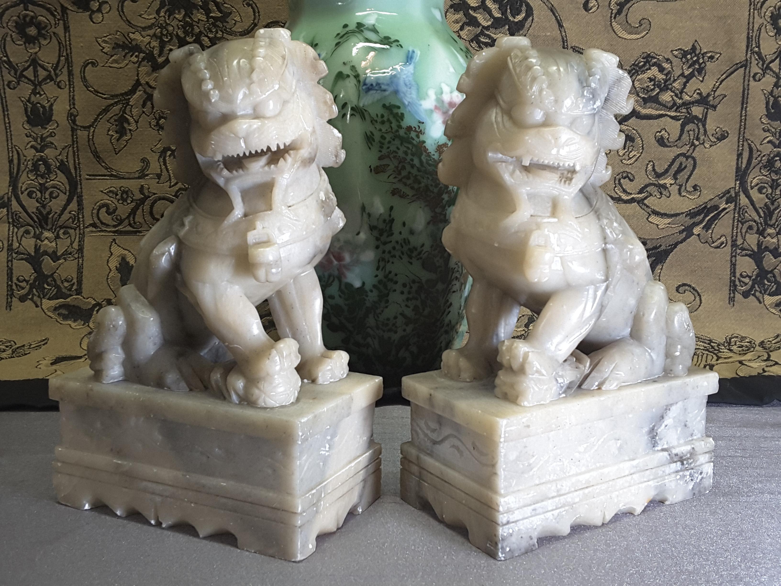 Nice Pair of Chinese Foo Dogs, Carved Soapstone, Early 20th Century 6