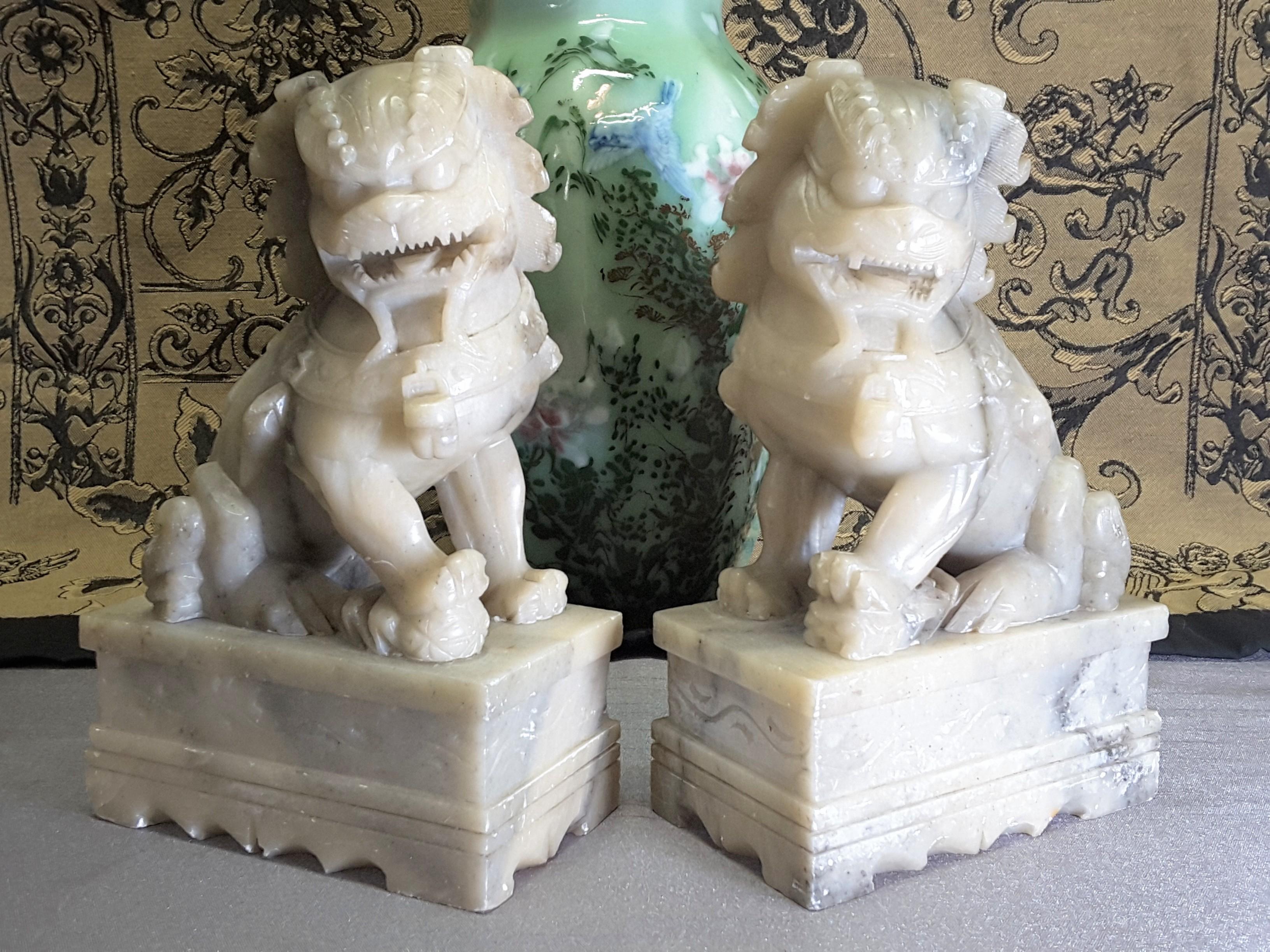 Nice Pair of Chinese Foo Dogs, Carved Soapstone, Early 20th Century 7