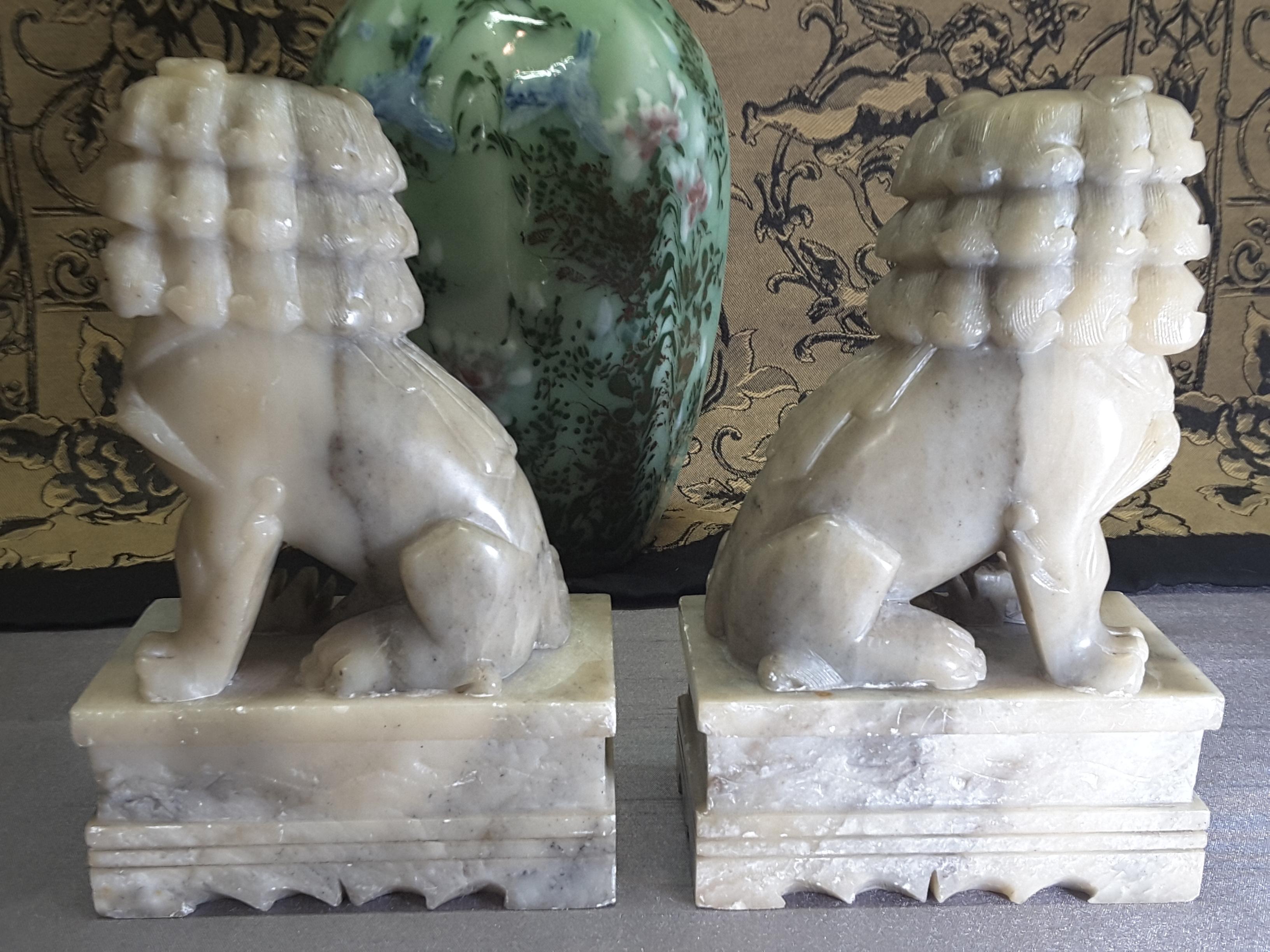 Chinese Export Nice Pair of Chinese Foo Dogs, Carved Soapstone, Early 20th Century