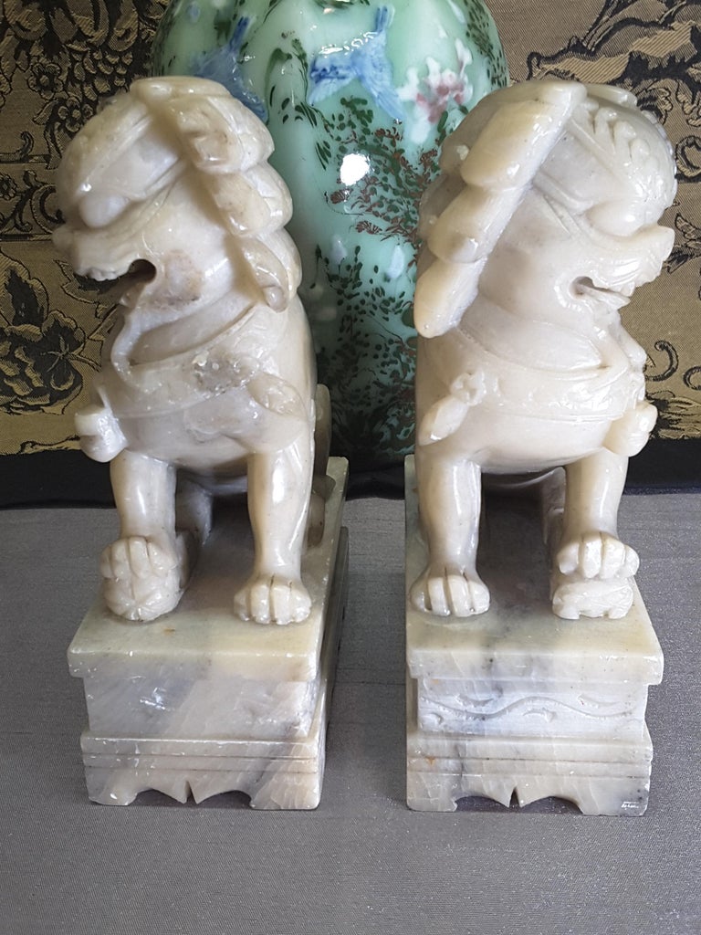 Nice Pair of Chinese Foo Dogs, Carved Soapstone, Early 20th Century at
