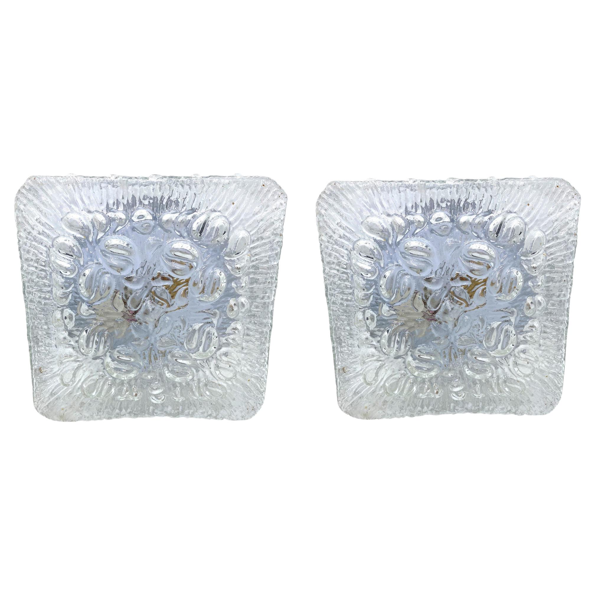 Nice Pair of Clear Glass Square Flush mount, Germany, 1960s For Sale