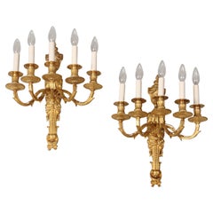 Nice Pair of Early 20th Century Gilt Bronze Five-Light Sconces