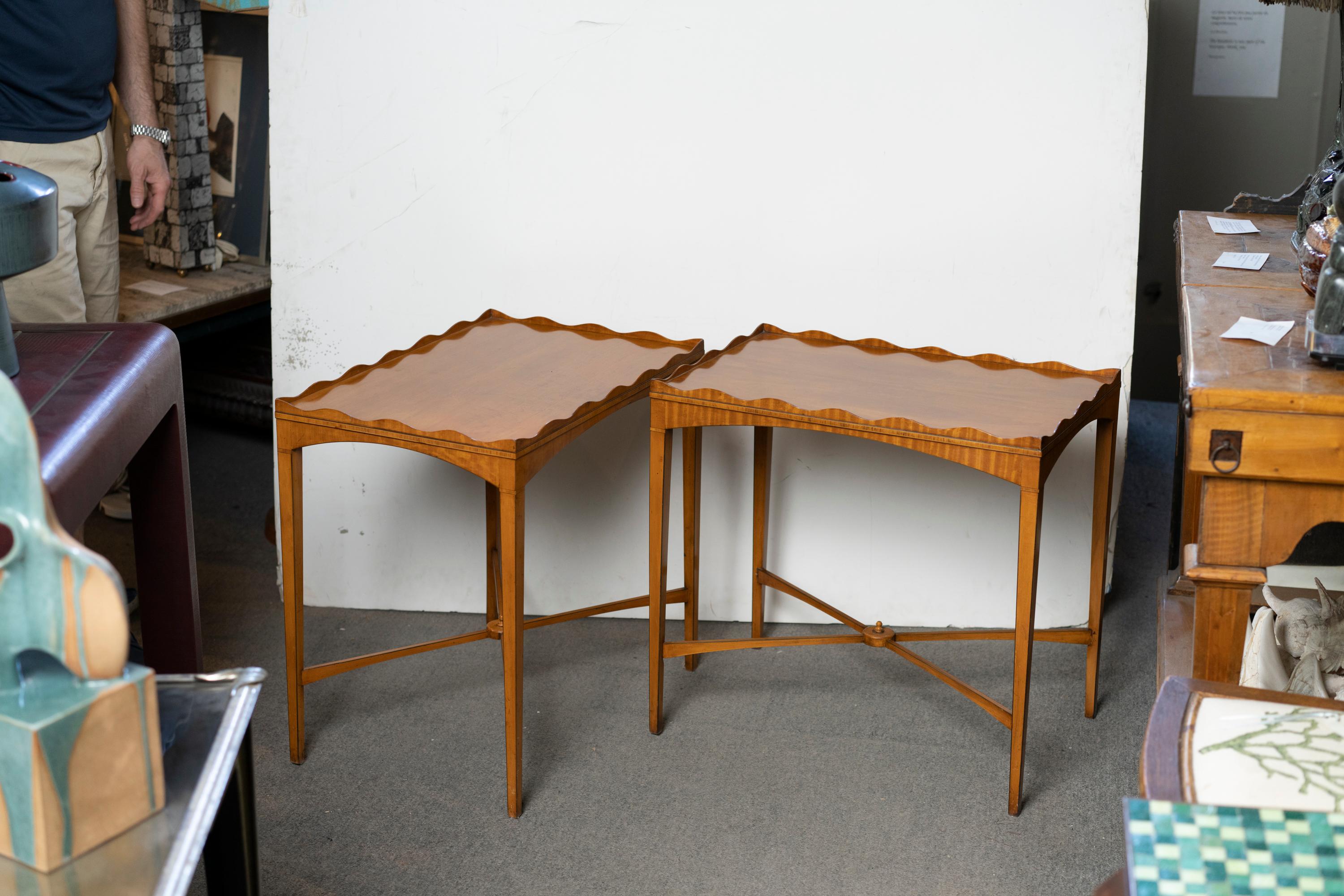 Nice pair of Edwardian satinwood side bales with shape border and X form stretcher with finial on top.