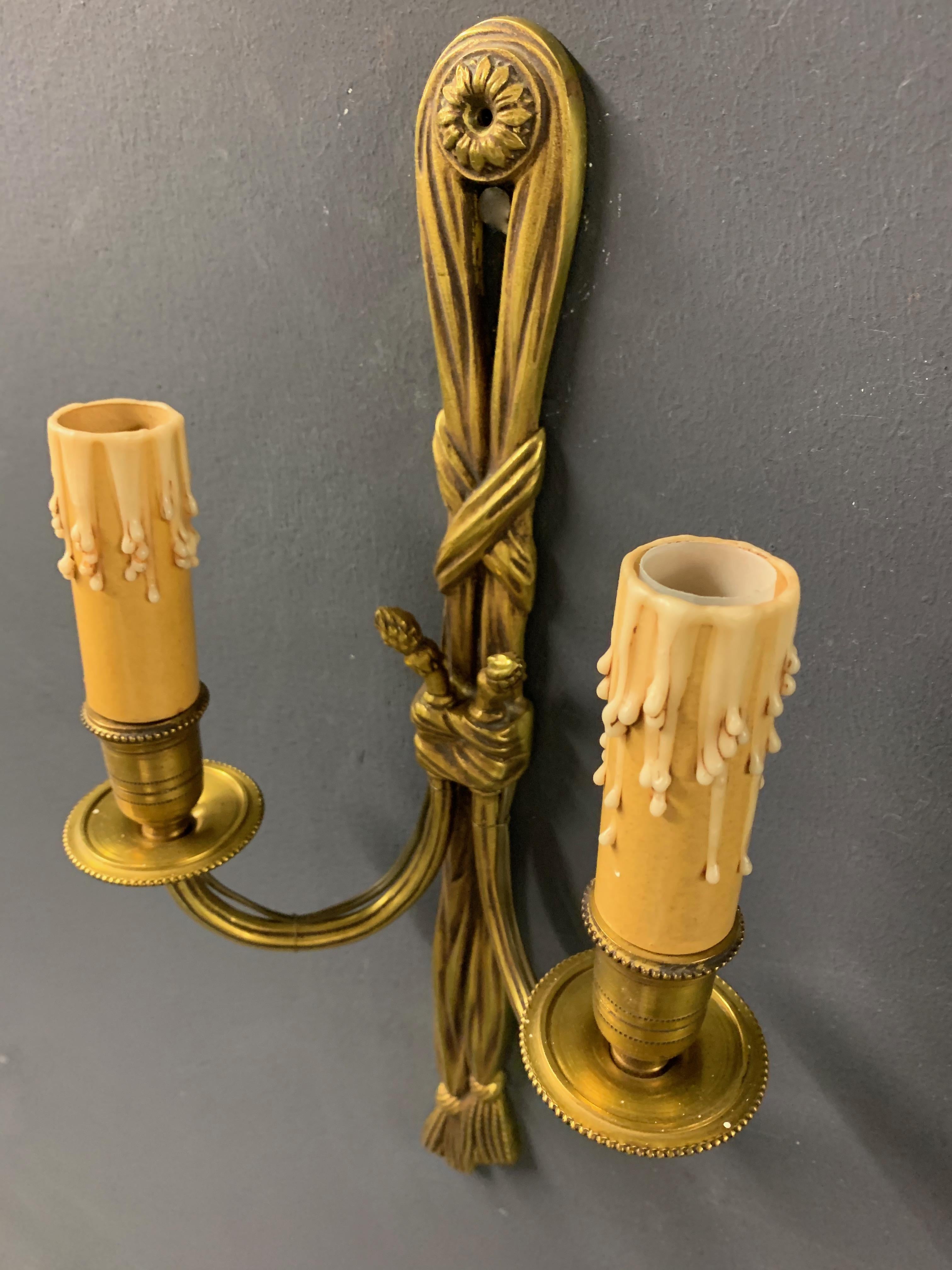 Nice Pair of French Bronze Tassel Wall Lights For Sale 3