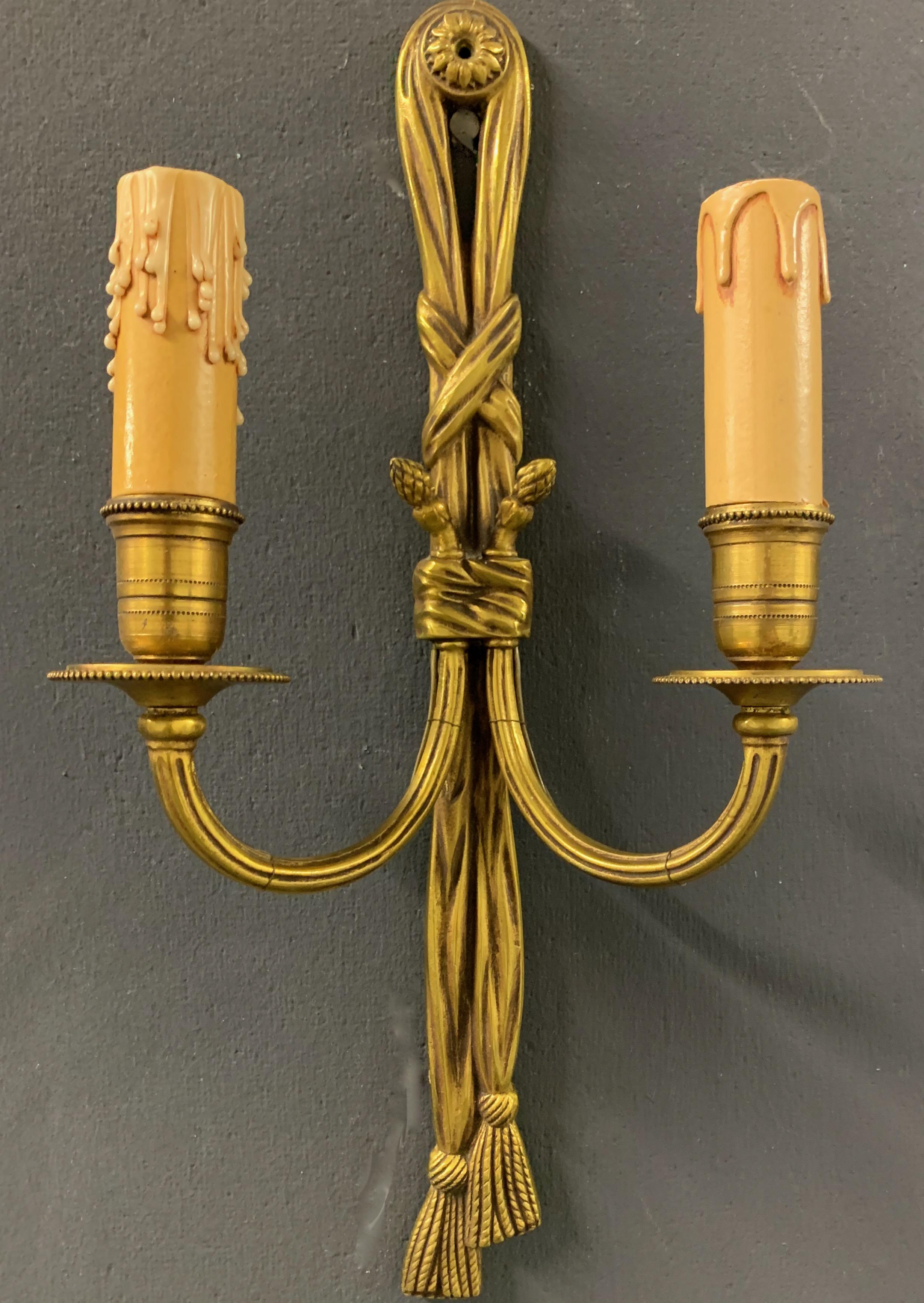 Nice Pair of French Bronze Tassel Wall Lights For Sale 4