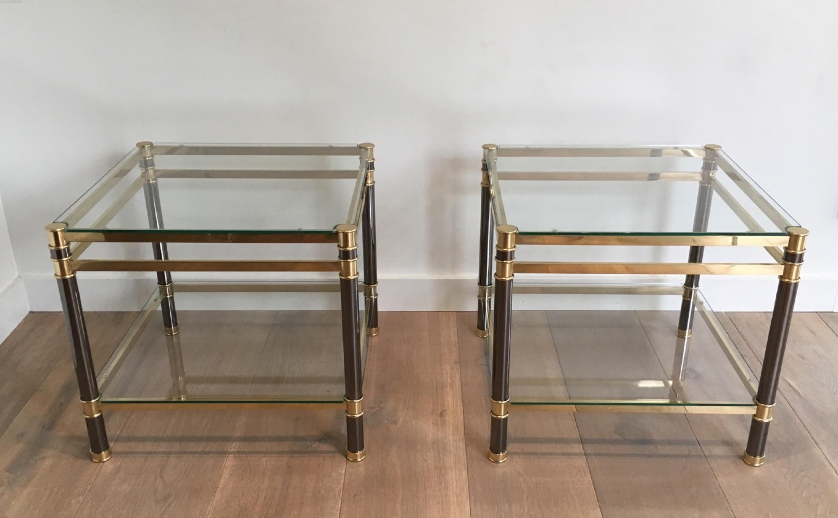 Mid-Century Modern Nice Pair of Gun Metal and Brass Side Tables, circa 1970 For Sale