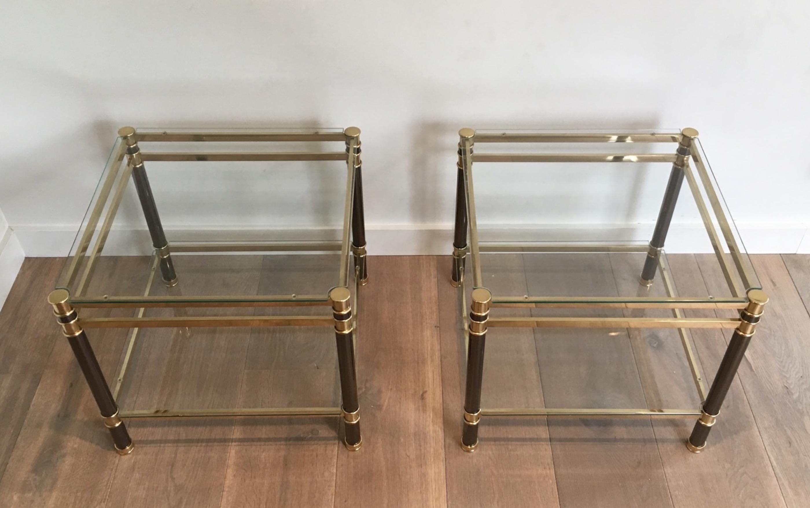 French Nice Pair of Gun Metal and Brass Side Tables, circa 1970 For Sale