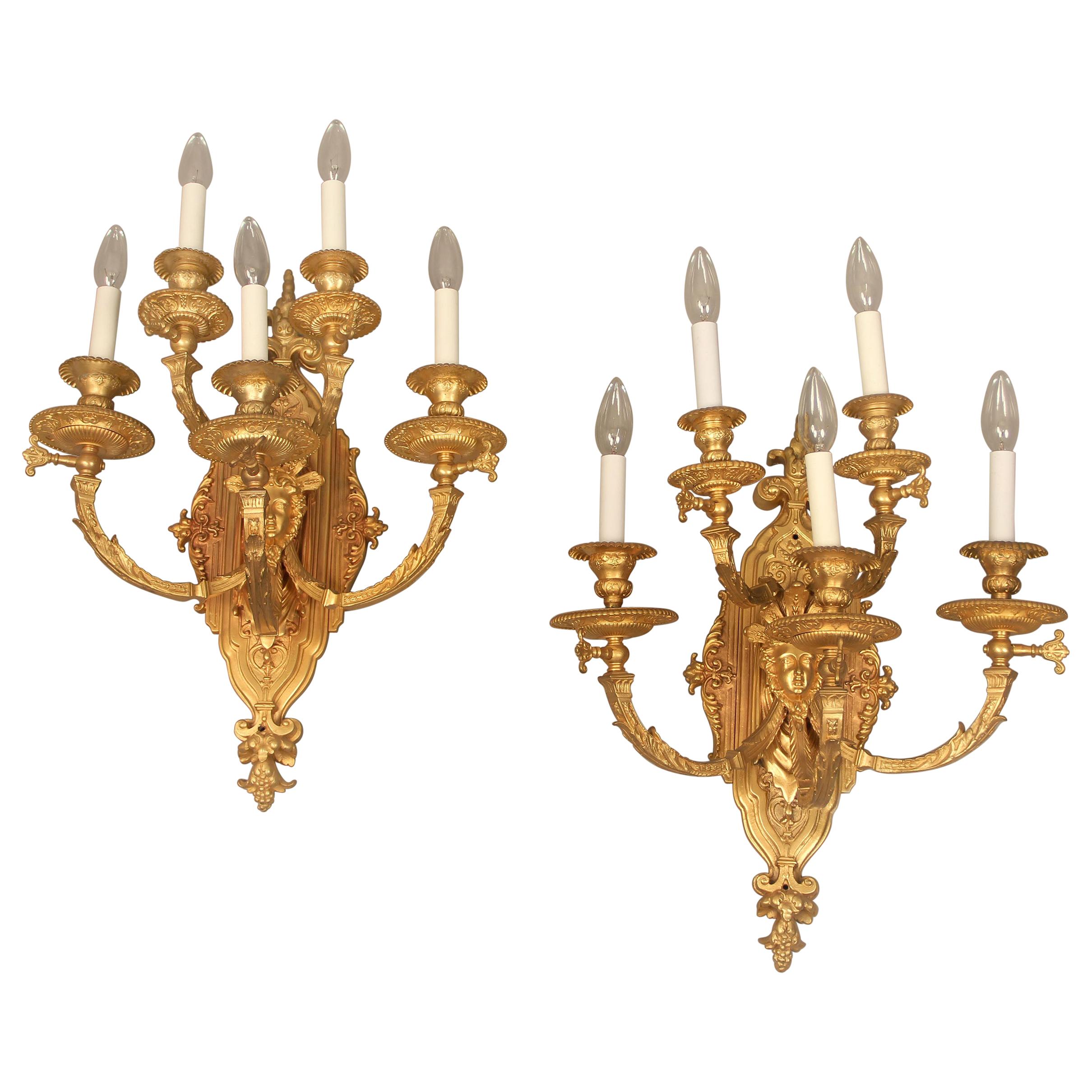 Nice Pair of Late 19th Century Gilt Bronze Five-Light Sconces