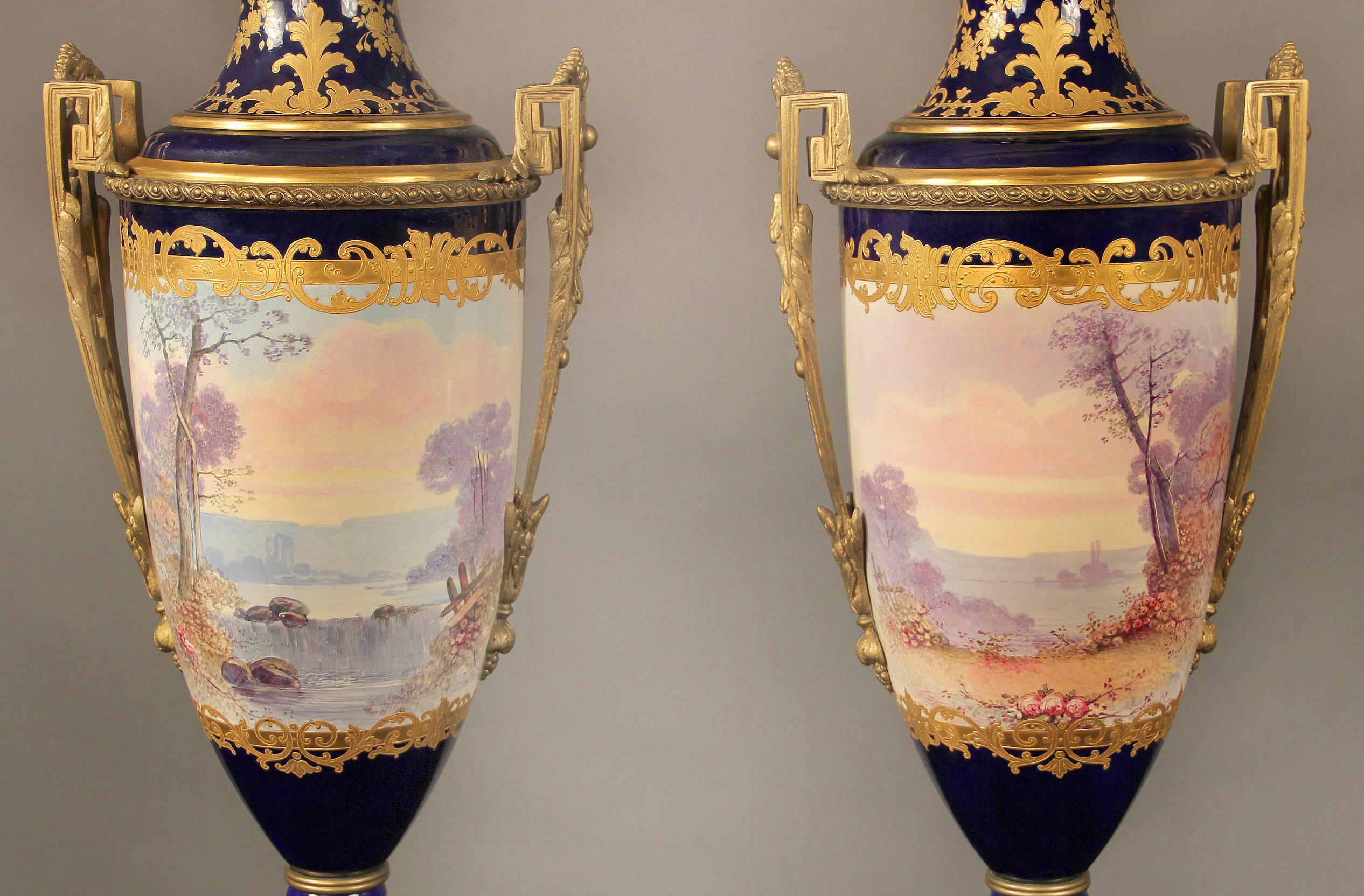 Belle Époque Nice Pair of Late 19th Century Gilt Bronze Mounted Sèvres Style Porcelain Vases