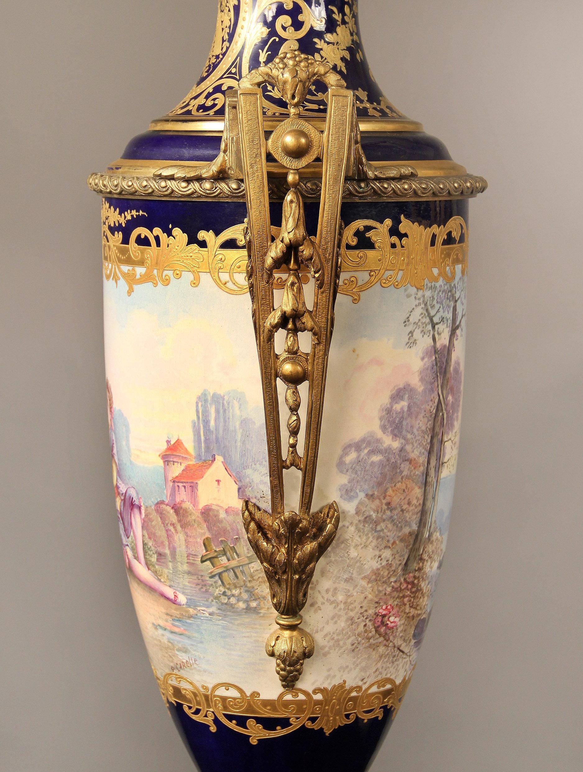 French Nice Pair of Late 19th Century Gilt Bronze Mounted Sèvres Style Porcelain Vases