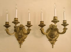 Nice Pair of Late 19th Century Gilt Bronze Three Light Sconces