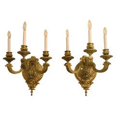 Nice Pair of Late 19th Century Gilt Bronze Three Light Sconces