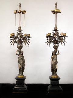 Nice Pair of Late 19th Century Patina Bronze Figural Candelabra Lamps
