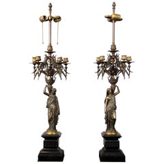 Nice Pair of Late 19th Century Patina Bronze Figural Candelabra Lamps
