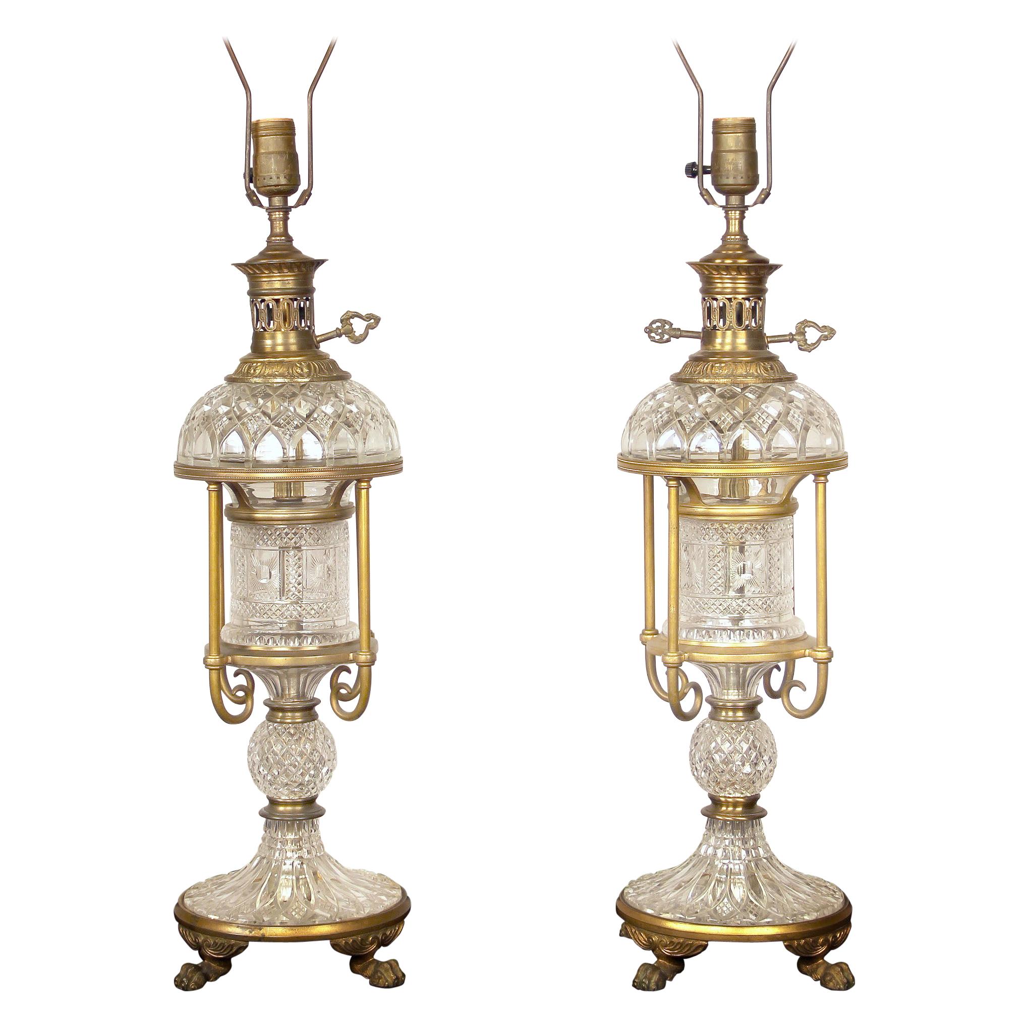 Nice Pair of Late 19th-Early 20th Century Gilt Bronze and French Crystal Lamps