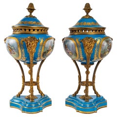 Nice Pair of Light Blue Sèvres Porcelain Vases Signed, 19th Century