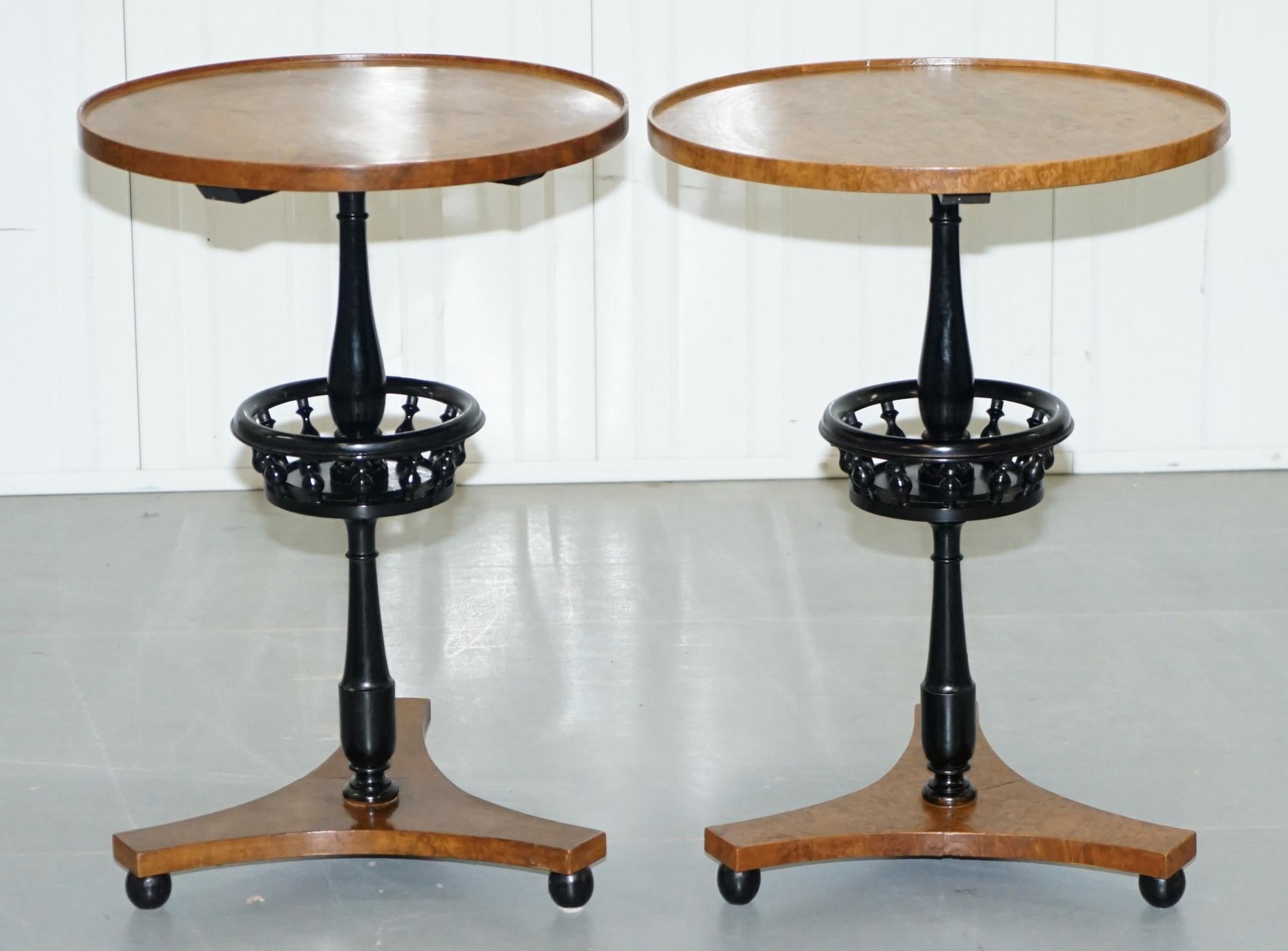 We are delighted to offer for sale this lovely pair vintage Biedermeier burr walnut side tables in restored condition

These tables have been restored to include having the finish stripped off, they have then been lightly French polished with a