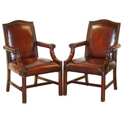 Nice Pair of Restored Vintage Aged Oxblood Leather Gainsborough Carver Armchairs