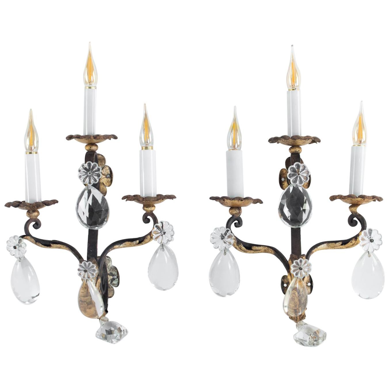 Nice Pair of Sconces in Gilded Wrought Iron, with Crystals and Three Lights