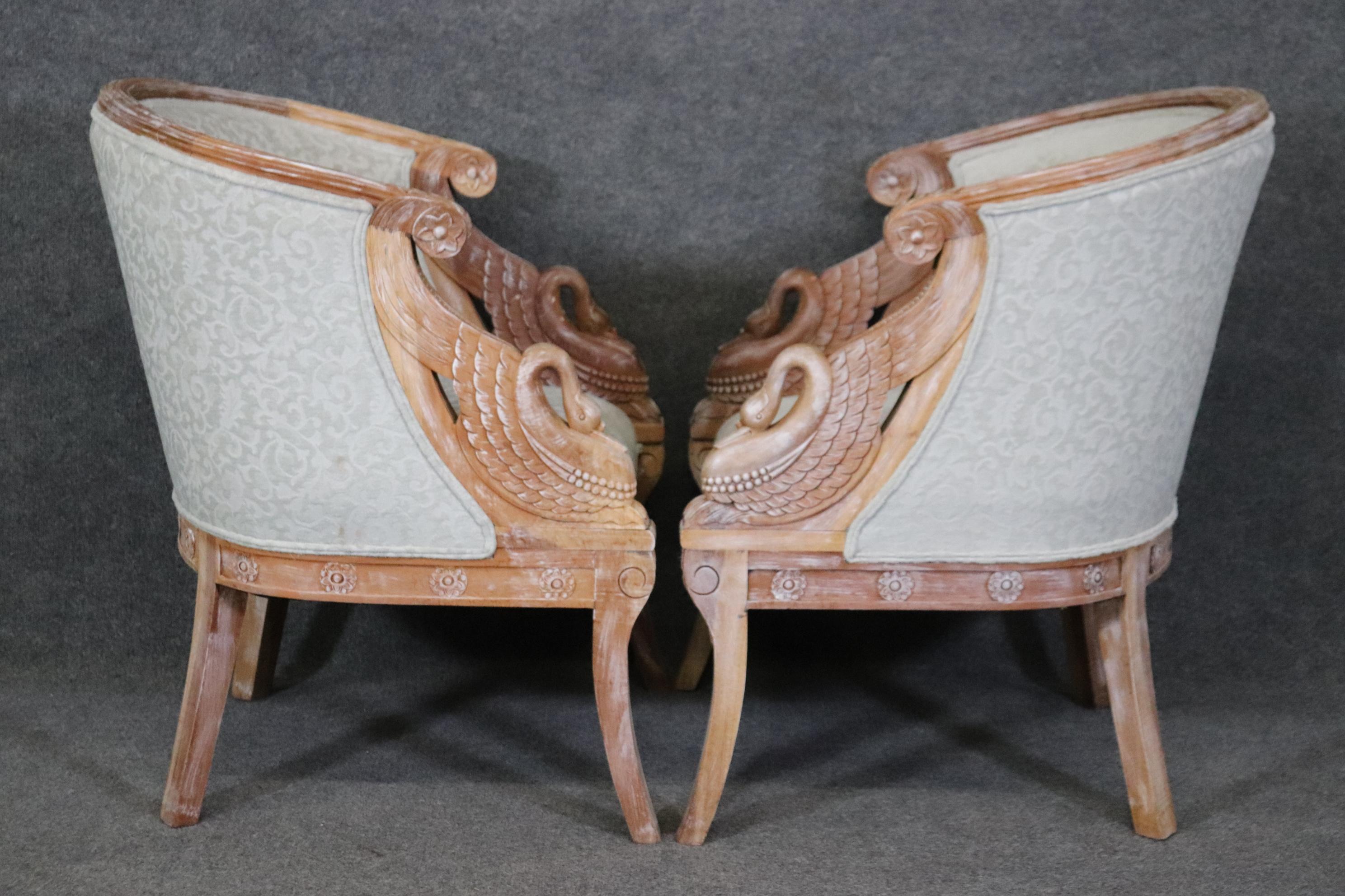 These are beautifully done chairs with a splash fo white wash and some natural walnut showing through. The upholstery is vintage so expect stains as shown in the photos. If you want new chairs, there are other sites for that. The chairs are
