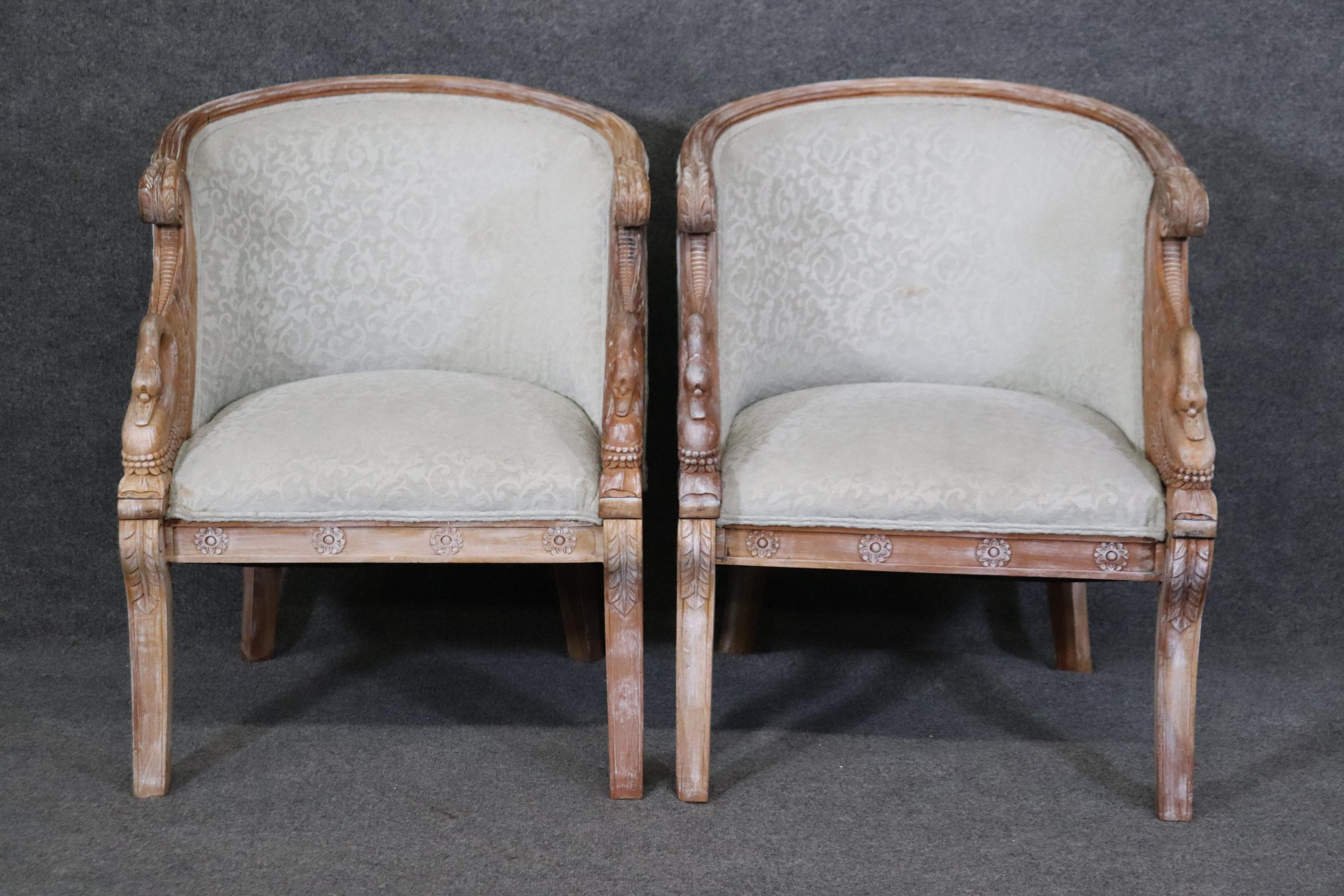 Regency Revival Nice Pair of White Washed Walnut Carved Swan Tub Style Bergere Chairs 
