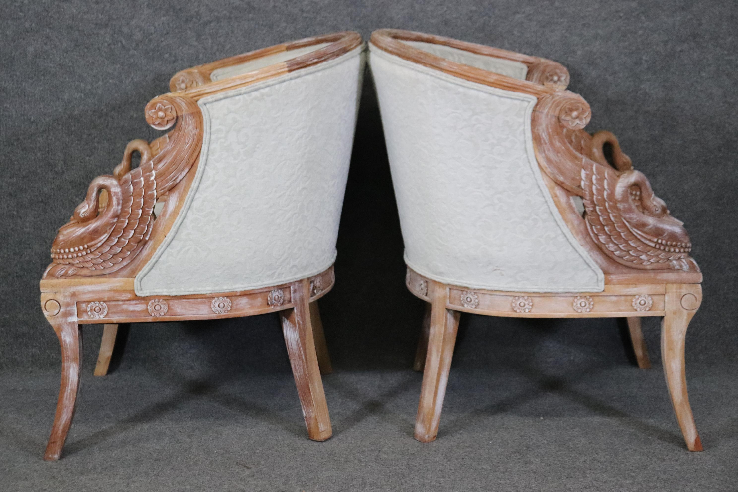 Unknown Nice Pair of White Washed Walnut Carved Swan Tub Style Bergere Chairs 