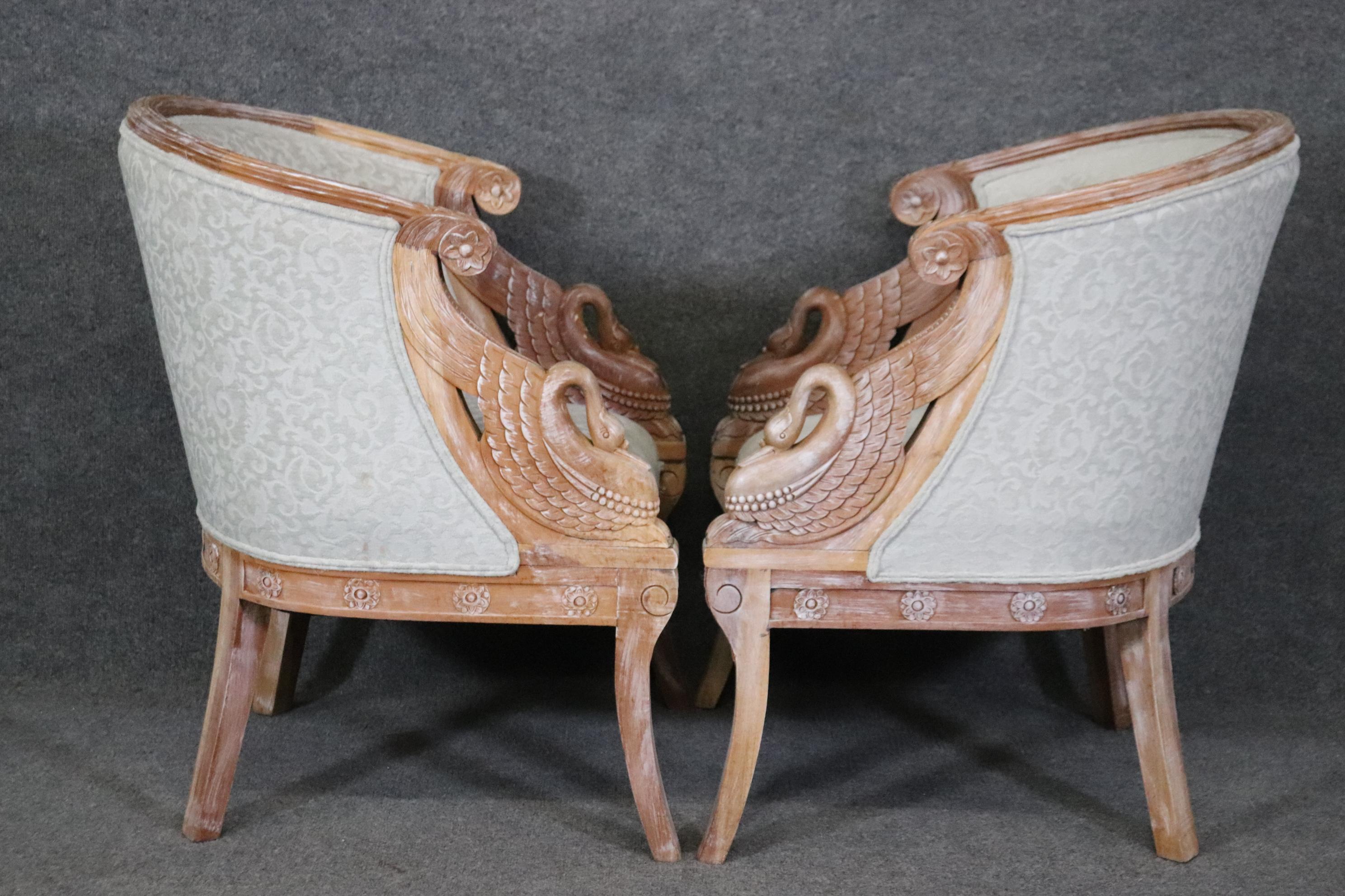Late 20th Century Nice Pair of White Washed Walnut Carved Swan Tub Style Bergere Chairs 