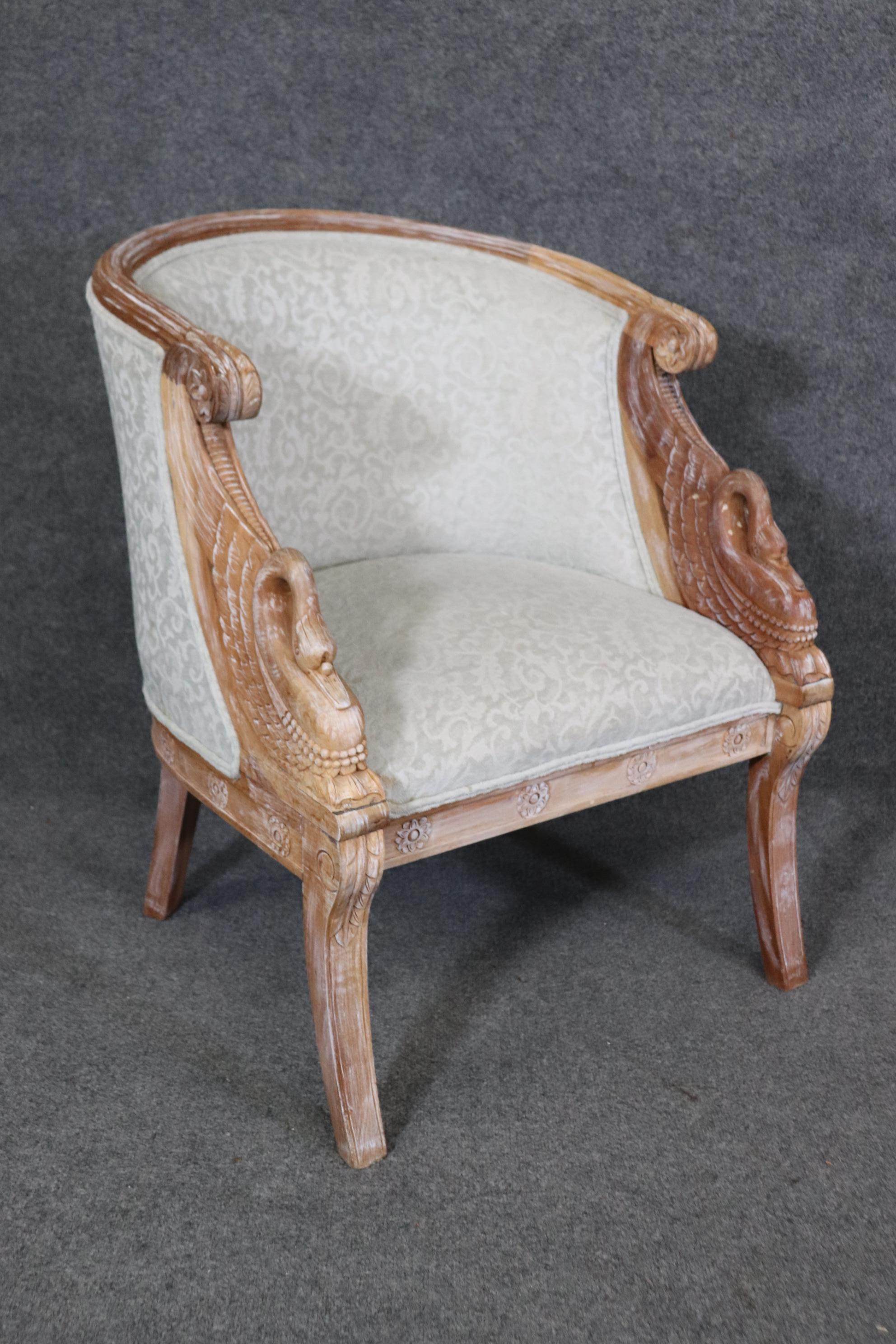 Nice Pair of White Washed Walnut Carved Swan Tub Style Bergere Chairs  1