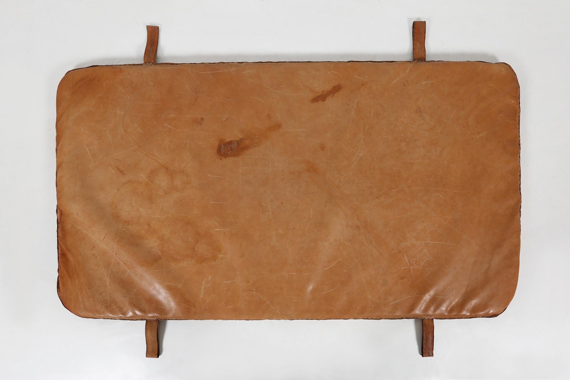 Nice patinated brown thick soft cow leather gym mat, Belgium, 1930s 1