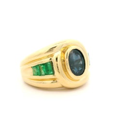 Nice Quality 18k Yellow Gold Oval Sapphire w/ Baguette Emerald Wide Band Ring