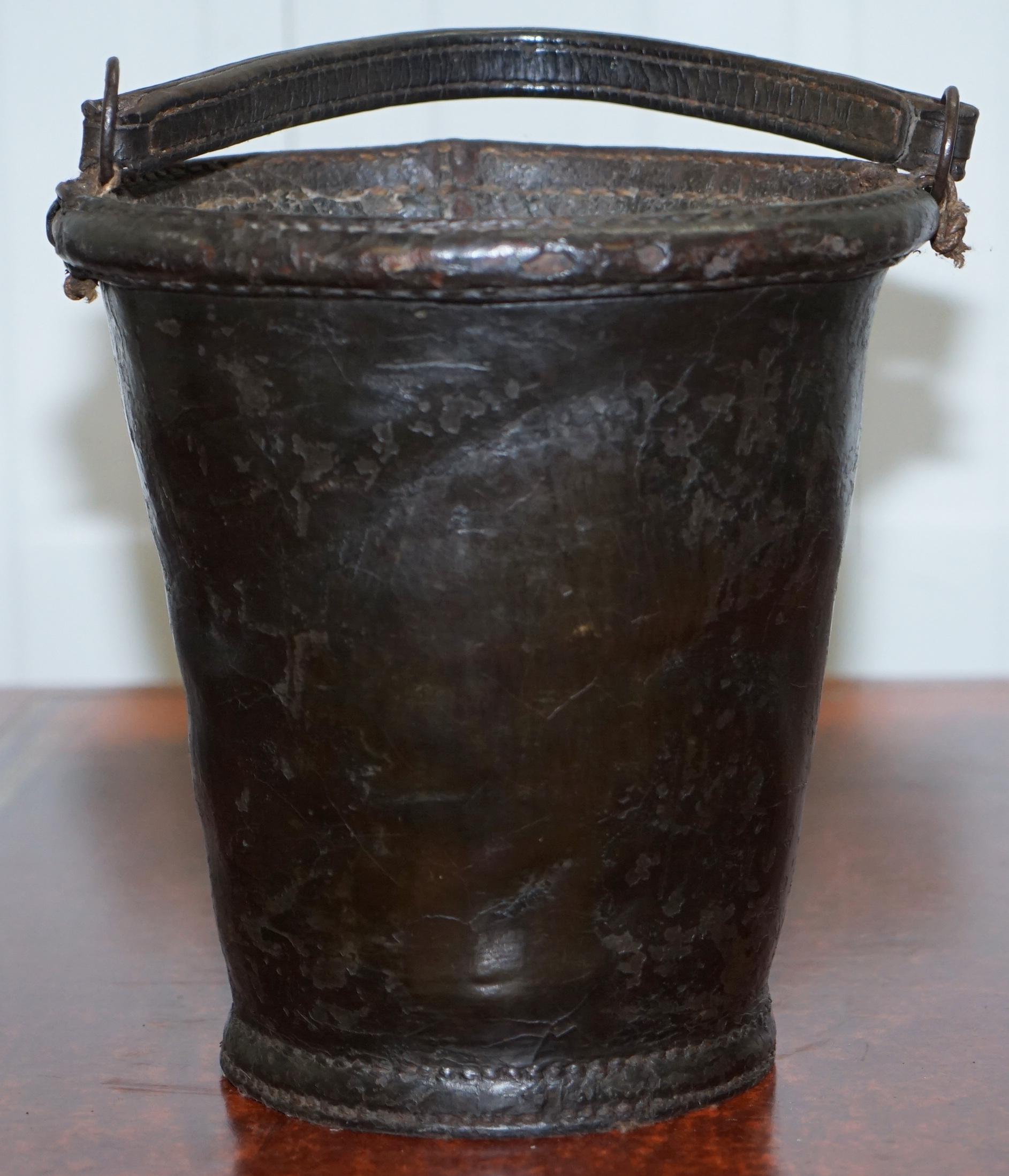 Nice Rare circa 1800 Leather and Iron Bound Fire or Pete Bucket Original Handle 9