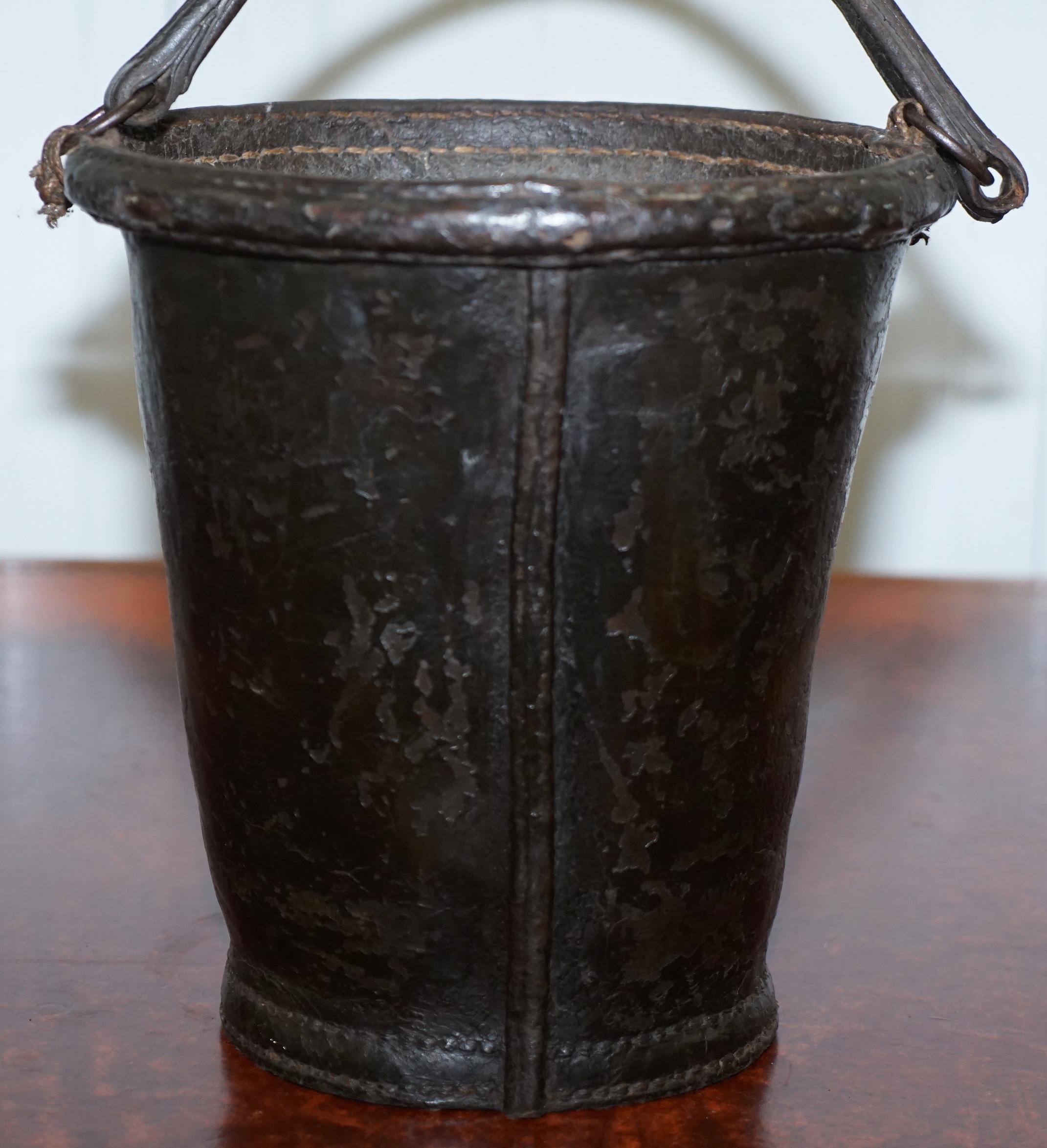 Hand-Crafted Nice Rare circa 1800 Leather and Iron Bound Fire or Pete Bucket Original Handle