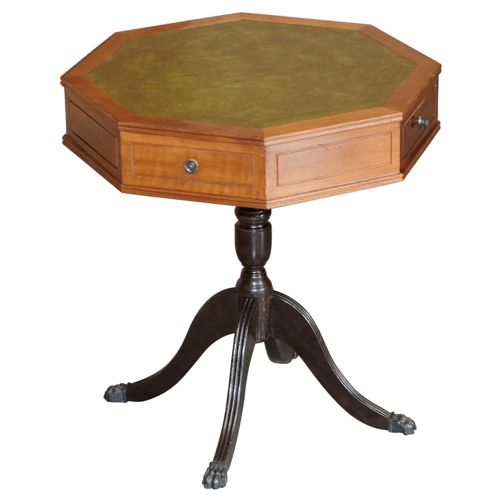 Nice Regency Style Hardwood Green Leather Side End Lamp Wine Drum Table Drawers For Sale